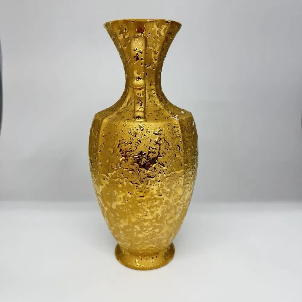 Vtg 1970 Handmade Textured Gold Ceramic Vase Double Handle MCM 10” Signed